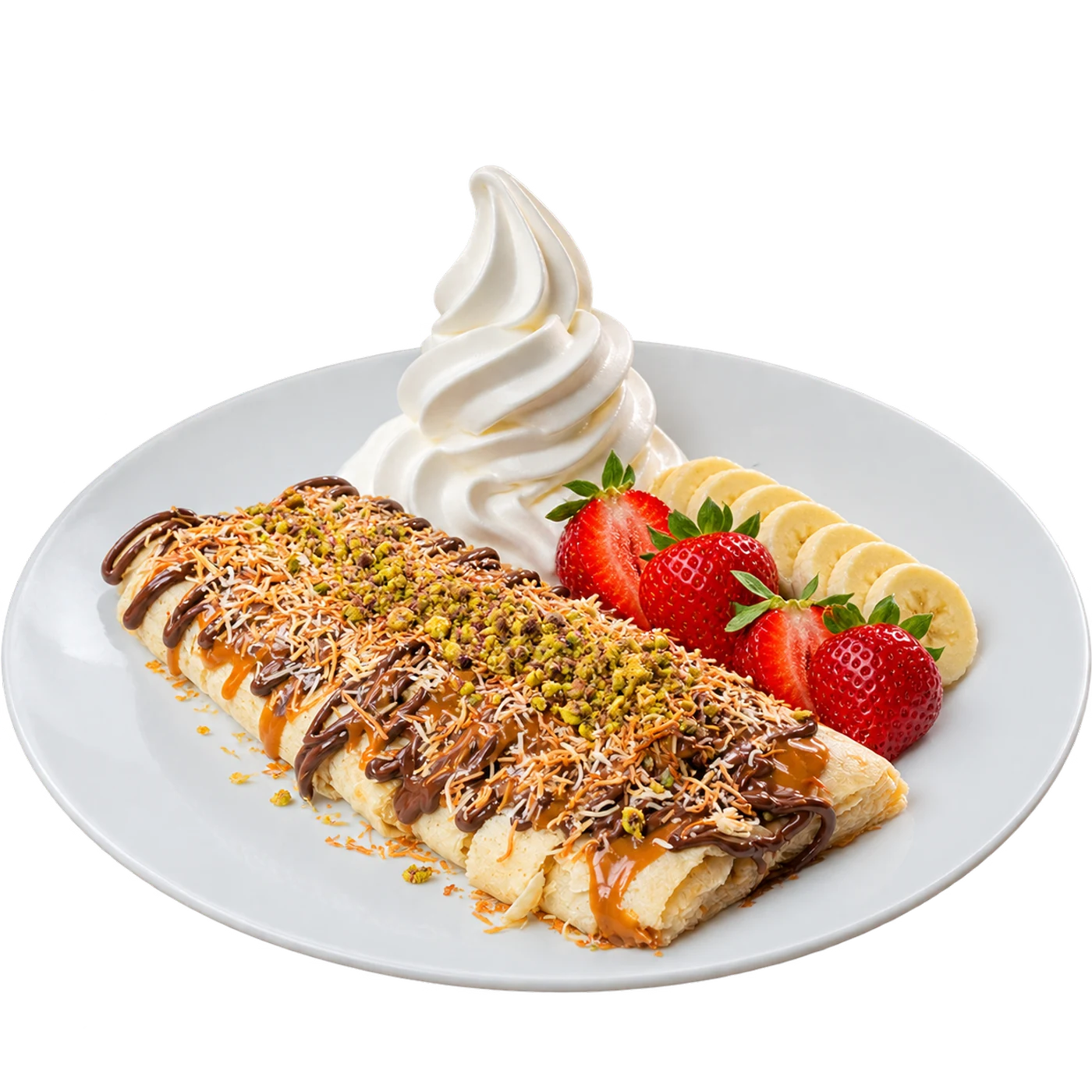 Dubai pandekage med pistacie, chokolade, frugt og softice